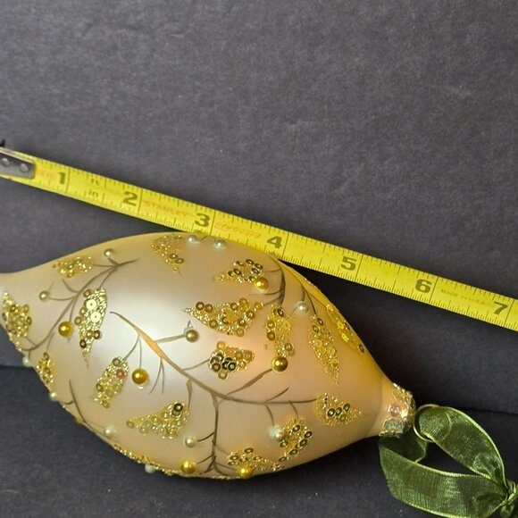 Frontgate Gold Teardrop Christmas Ornament With Pearl And Sequin Leaf Design 6" - Picture 8 of 9